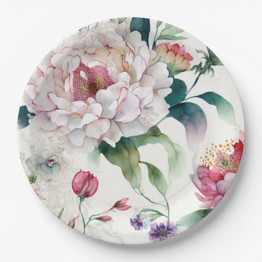水彩繊細エレガントなアジアの花柄 ペーパープレート (正面)