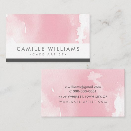 水彩繊細モダンなかわいらし赤面ピンク色 名刺 (正面/裏面)