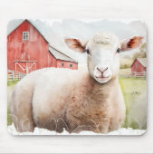 水彩羊と赤い納屋 マウスパッド (正面)