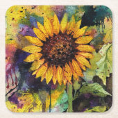 水彩美しいひまわり スクエアペーパーコースター (正面)