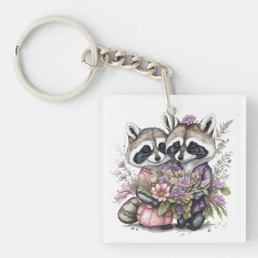 水彩美しいアライグマのカップルと花 キーホルダー (正面)