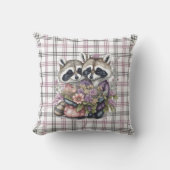 水彩美しいアライグマのカップルと花 クッション (正面)