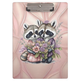 水彩美しいアライグマのカップルと花 クリップボード