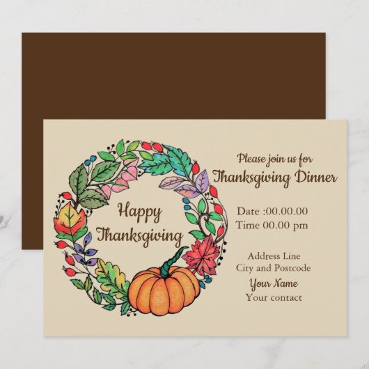 水彩美しいカボチャリース葉 招待状 (正面/裏面)