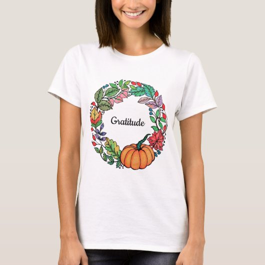 水彩美しいカボチャリース葉 Tシャツ (正面)