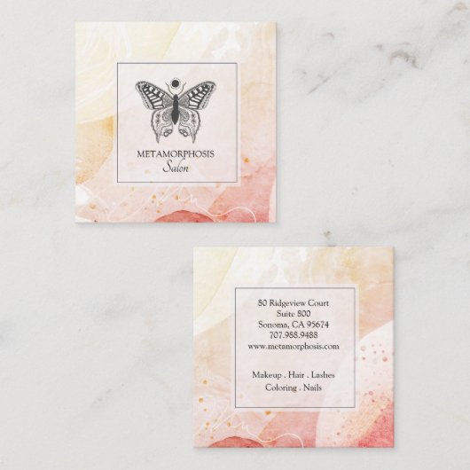 水彩美しいサロンメイクアップヘアバタフライ スクエア名刺 (正面/裏面)