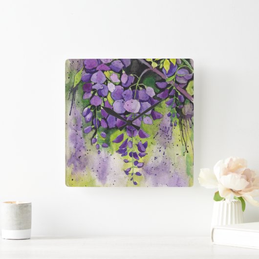 水彩美しい藤の花  スクエア壁時計 (ホーム)