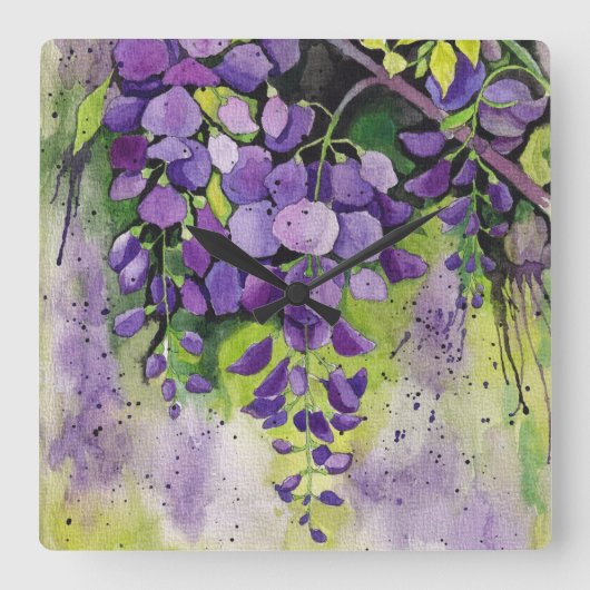 水彩美しい藤の花  スクエア壁時計 (正面)