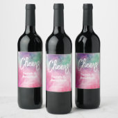 水彩美学抽象芸術ピンクパープル結婚ズ ワインラベル (ボトル)