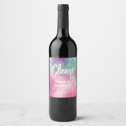 水彩美学抽象芸術ピンクパープル結婚ズ ワインラベル (正面)