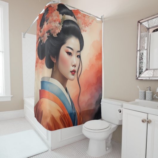 水彩美絵画しいアジアの女性の花 シャワーカーテン (インサイチュ)