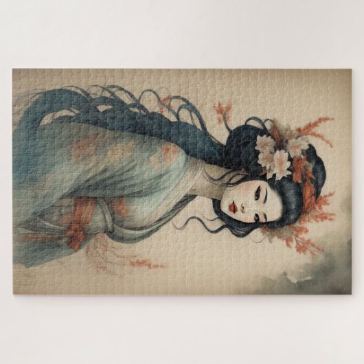水彩美絵画しいアジアの女性の花 ジグソーパズル (横)