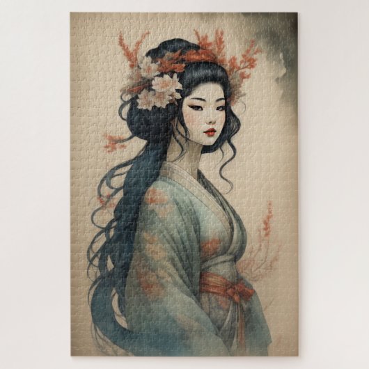 水彩美絵画しいアジアの女性の花 ジグソーパズル (縦)