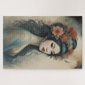 水彩美絵画しいアジアの女性の花 ジグソーパズル (横)
