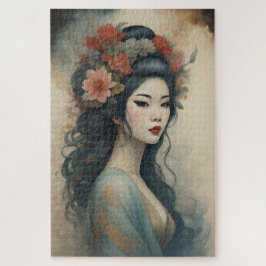 水彩美絵画しいアジアの女性の花 ジグソーパズル