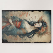 水彩美絵画しいアジアの女性の花 ジグソーパズル (横)