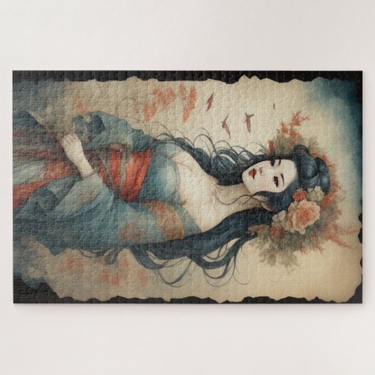 水彩美絵画しいアジアの女性の花 ジグソーパズル (横)