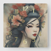 水彩美絵画しいアジアの女性の花 スクエア壁時計 (正面)