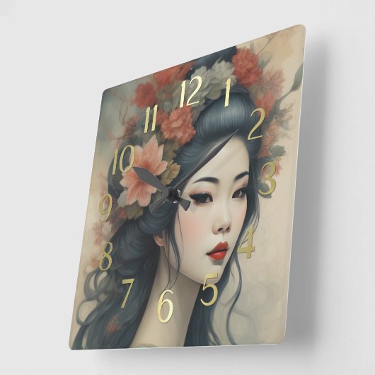 水彩美絵画しいアジアの女性の花 スクエア壁時計 (傾斜)