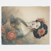 水彩美絵画しいアジアの女性の花 フリースブランケット (正面(横))