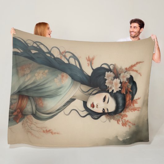 水彩美絵画しいアジアの女性の花 フリースブランケット (インサイチュ)