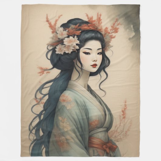 水彩美絵画しいアジアの女性の花 フリースブランケット (正面)