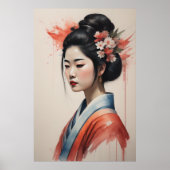 水彩美絵画しいアジアの女性の花 ポスター (正面)