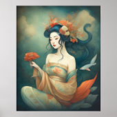 水彩美絵画しいアジアの女性の花 ポスター (正面)
