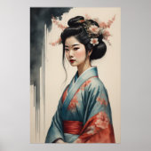 水彩美絵画しいアジアの女性の花 ポスター (正面)