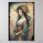 水彩美絵画しいアジアの女性の花 ポスター (正面)