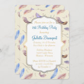 水彩羽とフレームファンシー誕生日 招待状 (正面/裏面)