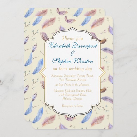 水彩羽のパターンとフレファンシーーム結婚ズ 招待状 (正面/裏面)