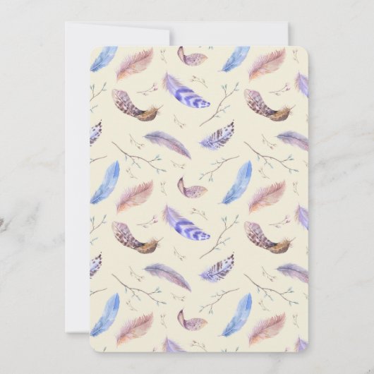 水彩羽のパターンとフレファンシーーム結婚ズ 招待状 (裏面)
