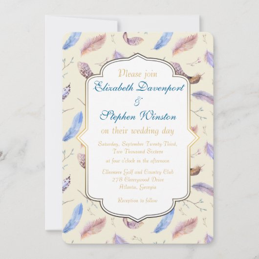 水彩羽のパターンとフレファンシーーム結婚ズ 招待状 (正面)