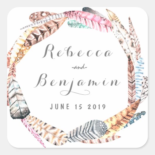 水彩羽素朴ボヘミ結婚アン スクエアシール (正面)