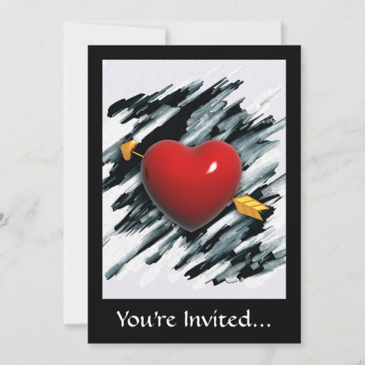 水彩背景の赤いハートの絵 招待状 (正面)