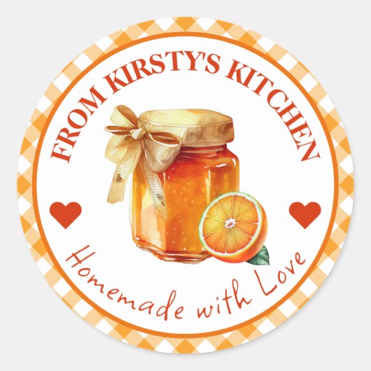 水彩自家製ジンガムオレンジジャムラベル ラウンドシール (正面)