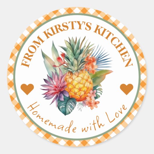 水彩自家製ジンガムパイナップルジュースラベル ラウンドシール (正面)