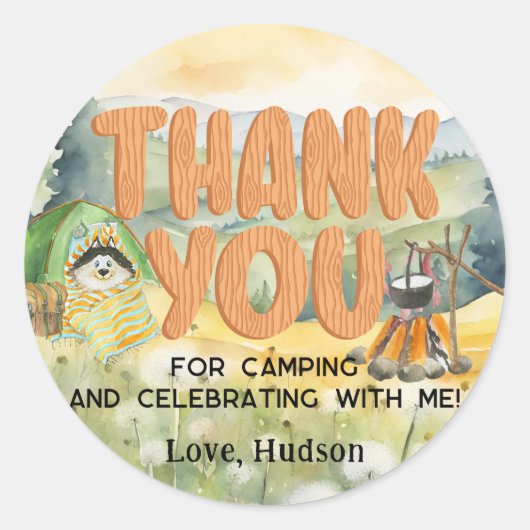 水彩自然かわいいキャンプ犬ありがとう ラウンドシール (正面)