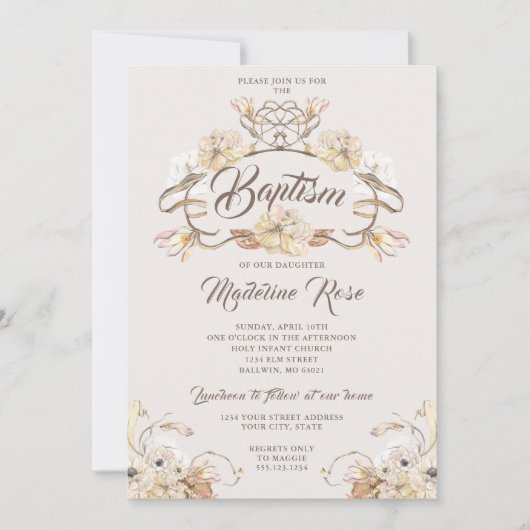 水彩自然乾燥花の洗礼 招待状 (正面)