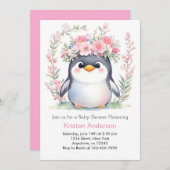 水彩至福かわいいペンギン女の子ベビーシャワー 招待状 (正面/裏面)