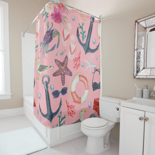 水彩航海のいかりヒトデ模様 シャワーカーテン (インサイチュ)