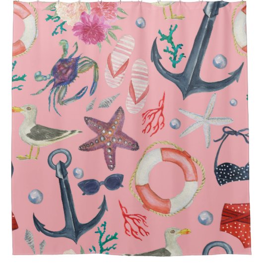 水彩航海のいかりヒトデ模様 シャワーカーテン (正面)