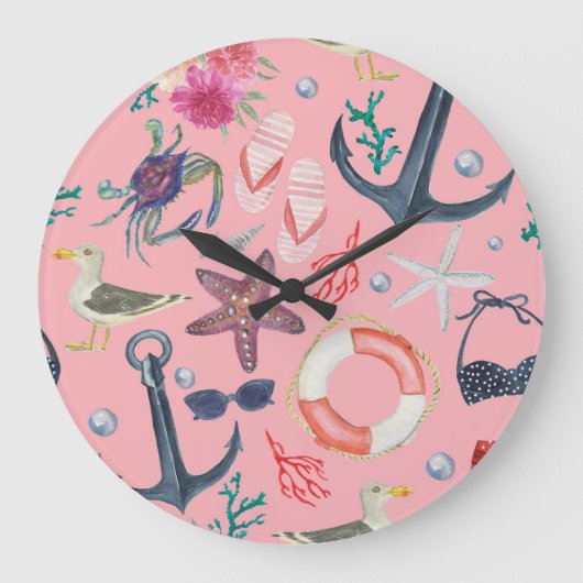 水彩航海のいかりヒトデ模様 ラージ壁時計 (正面)