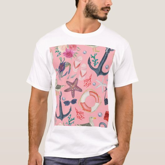 水彩航海のいかりヒトデ模様 Tシャツ (正面)
