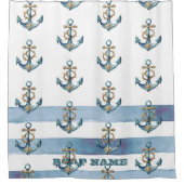 水彩航海のいかりライトブルーストライプ シャワーカーテン (正面)