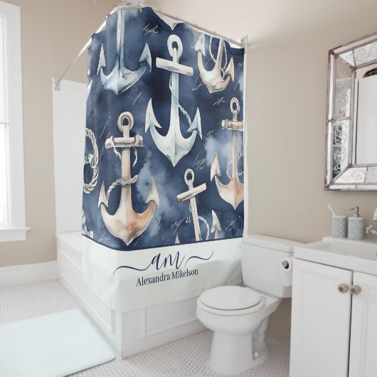 水彩航海のいかり海ネイビーモノグラム シャワーカーテン (インサイチュ)