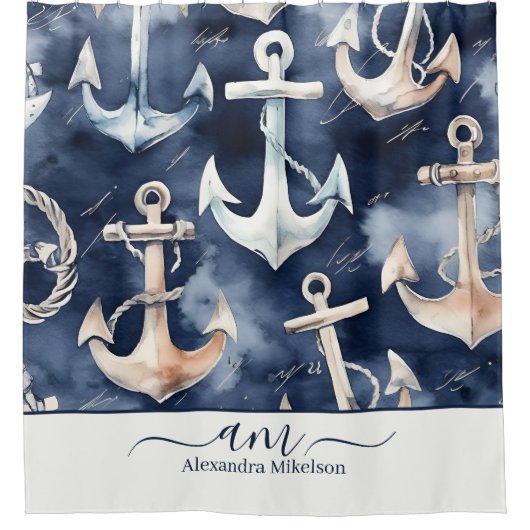 水彩航海のいかり海ネイビーモノグラム シャワーカーテン (正面)