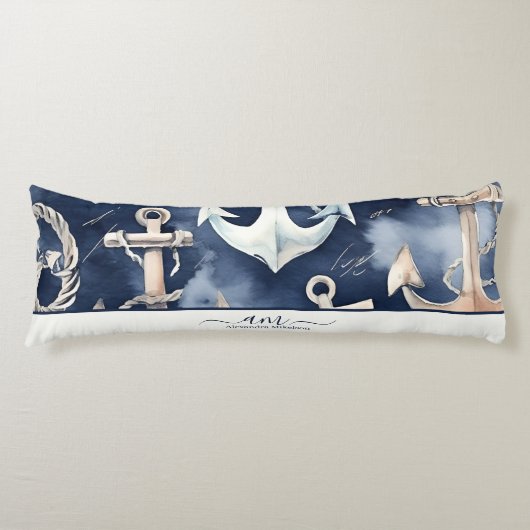 水彩航海のいかり海ネイビーモノグラム ボディピロー (正面)