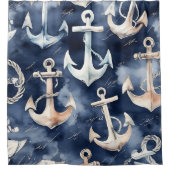 水彩航海のいかり海ネイビー シャワーカーテン (正面)